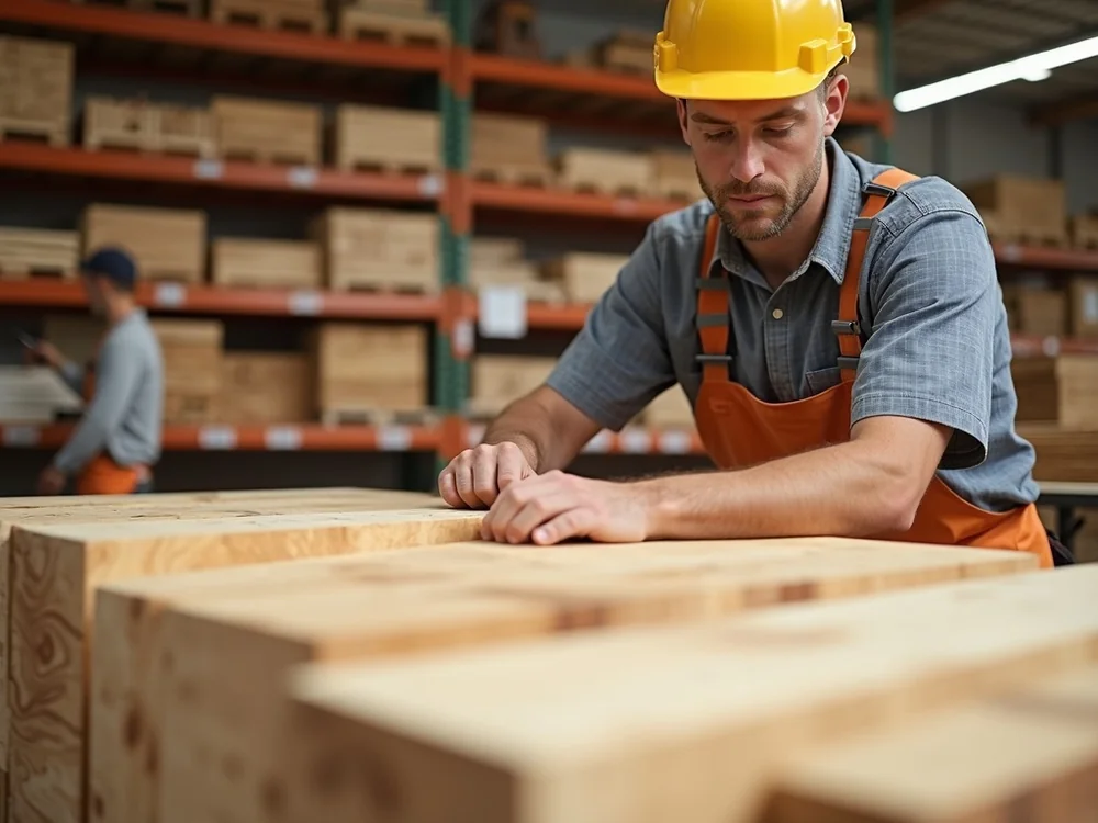 Contractor inspecting structural timber at Rainbow Builders trade desk