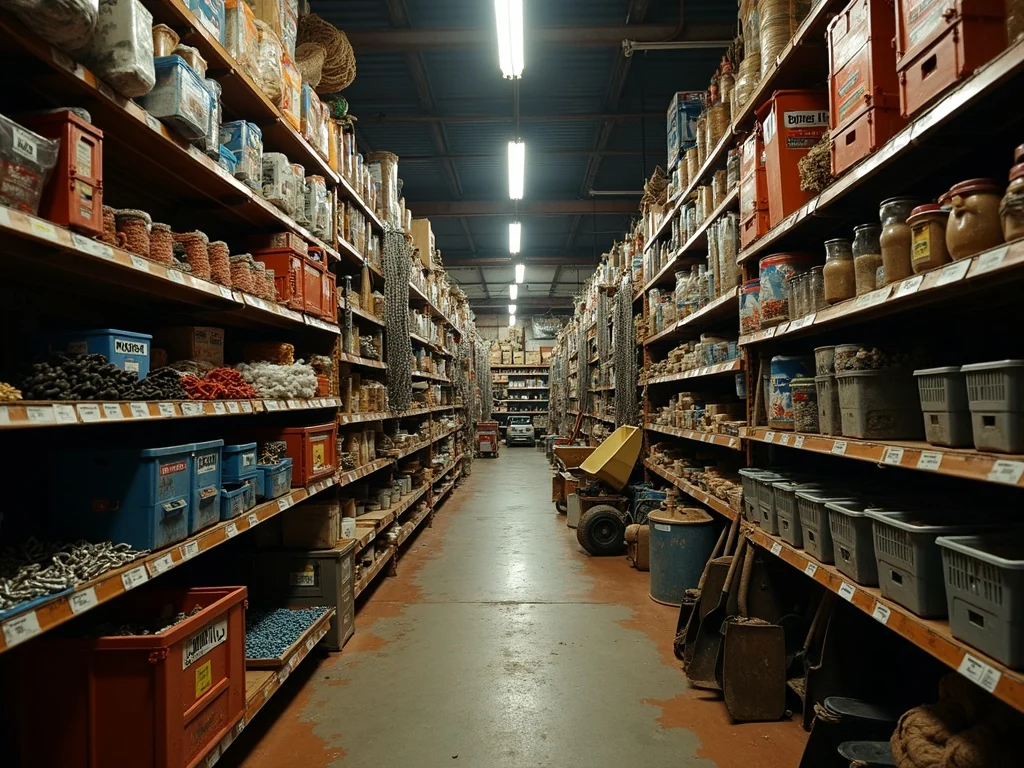 Hardware aisle stocked with hand tools, fasteners in bins, rope and spades