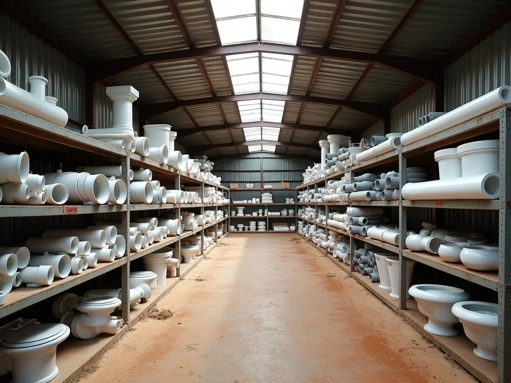 Racked PVC drainage pipe and fittings above a row of ceramic sanitary ware