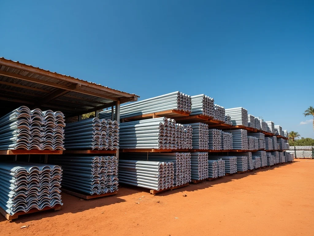 Racked galvanised corrugated and IBR roofing sheets with gutter lengths alongside