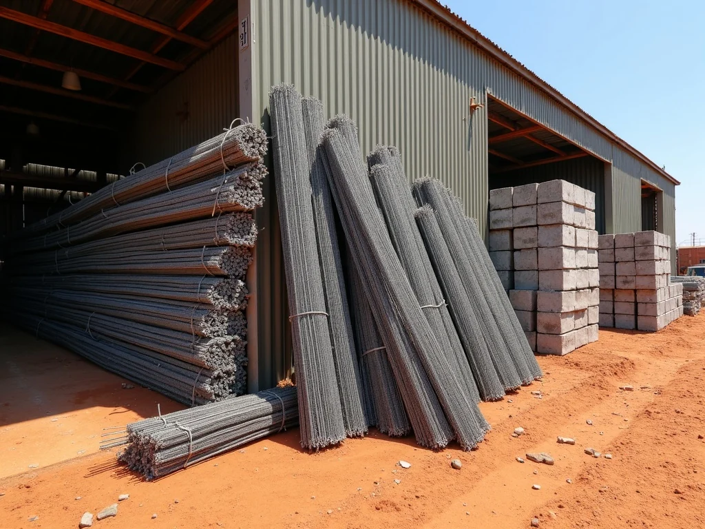 Bundles of steel reinforcing bar racked beside stacked concrete blocks in a builders yard