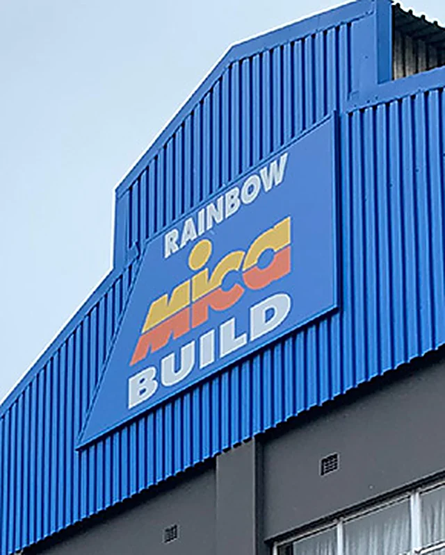 The blue Rainbow Mica Build shopfront and signage in Boksburg